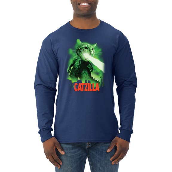 Catzilla Parody Taking Over City | Mens Cat Lover Long Sleeve T-Shirt, Navy, 2XL