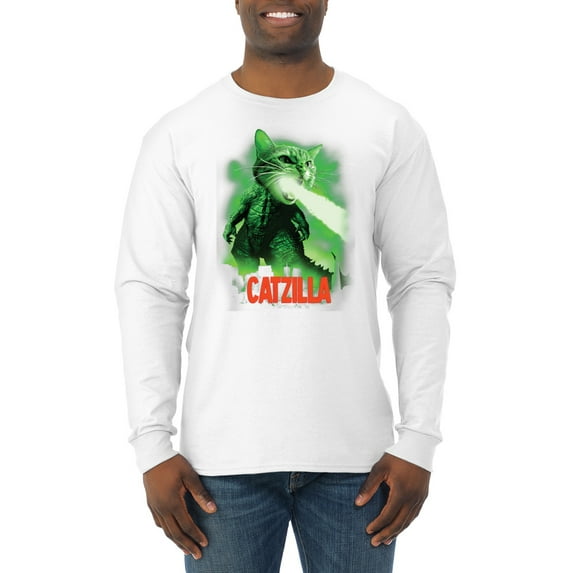 Catzilla Parody Taking Over City | Mens Cat Lover Long Sleeve T-Shirt, White, X-Large