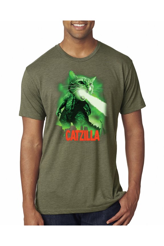 Catzilla Parody Taking Over City | Mens Cat Lover Premium Tri Blend T-Shirt, Military Green, X-Large