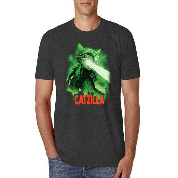 Catzilla Parody Taking Over City | Mens Cat Lover Premium Tri Blend T-Shirt, Vintage Black, 2XL