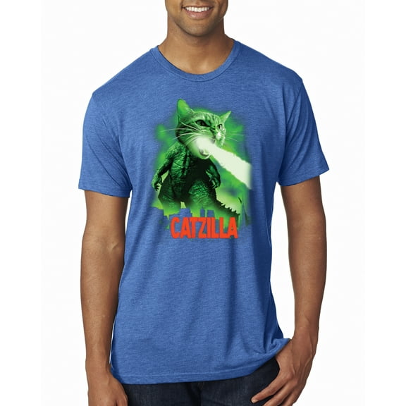Catzilla Parody Taking Over City | Mens Cat Lover Premium Tri Blend T-Shirt, Vintage Royal, Large