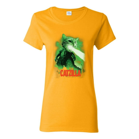 Catzilla Parody Taking Over City | Womens Cat Lover Graphic T-Shirt, Gold, X-Large