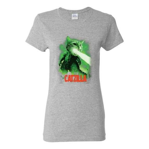 Catzilla Parody Taking Over City | Womens Cat Lover Graphic T-Shirt, Heather Grey, Small