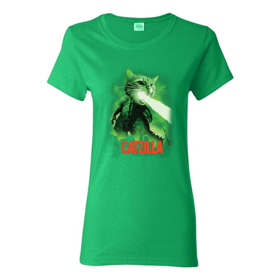 Catzilla Parody Taking Over City | Womens Cat Lover Graphic T-Shirt, Kelly, Small