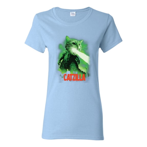 Catzilla Parody Taking Over City | Womens Cat Lover Graphic T-Shirt, Light Blue, Large