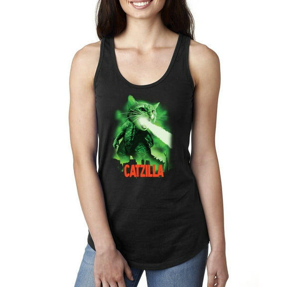 Catzilla Parody Taking Over City | Womens Cat Lover Jersey Racerback Tank Top, Black, Small