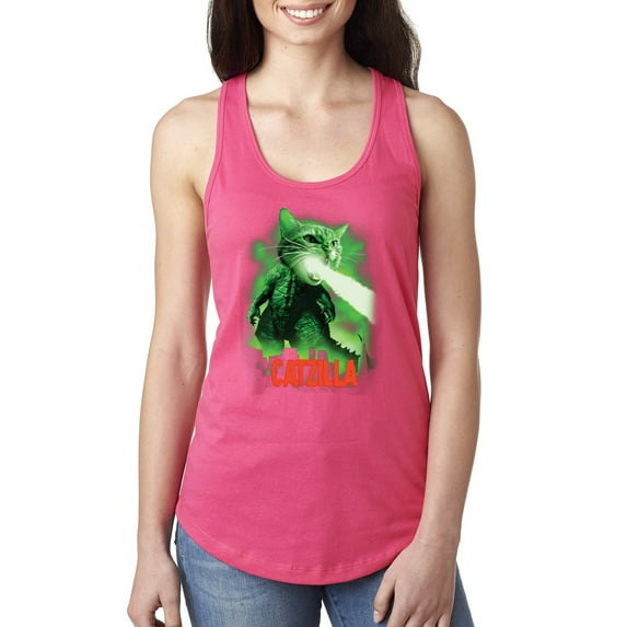 Catzilla Parody Taking Over City | Womens Cat Lover Jersey Racerback Tank Top, Hot Pink, Large