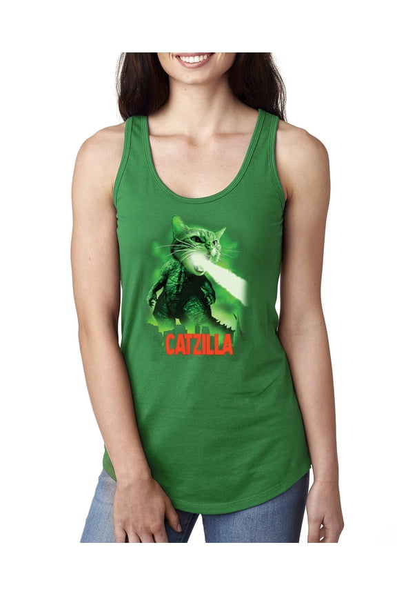Catzilla Parody Taking Over City | Womens Cat Lover Jersey Racerback Tank Top, Kelly, Medium