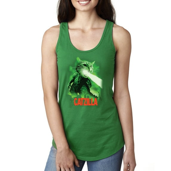 Catzilla Parody Taking Over City | Womens Cat Lover Jersey Racerback Tank Top, Kelly, X-Large