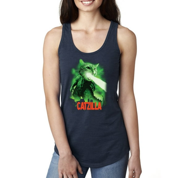 Catzilla Parody Taking Over City | Womens Cat Lover Jersey Racerback Tank Top, Navy, Small