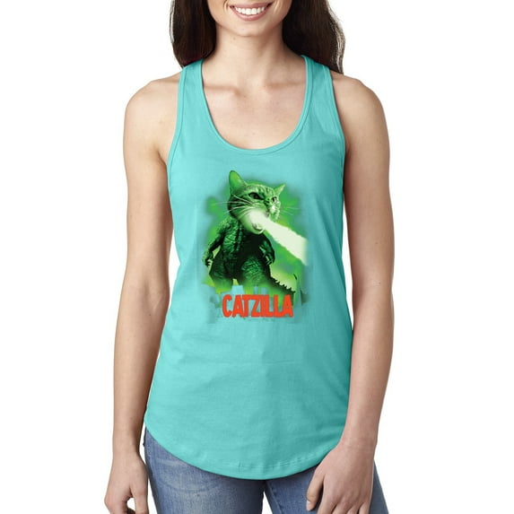Catzilla Parody Taking Over City | Womens Cat Lover Jersey Racerback Tank Top, Tahiti Blue, Large