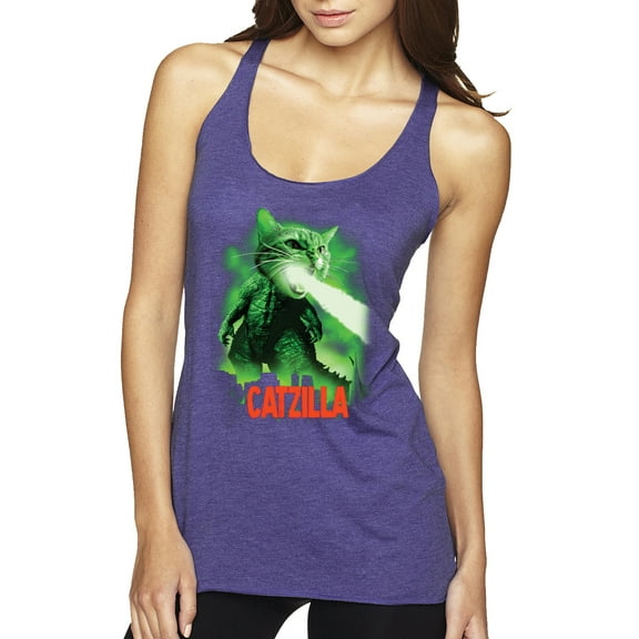 Catzilla Parody Taking Over City | Womens Cat Lover Premium Tri-Blend Racerback Tank Top, Purple Rush, Small