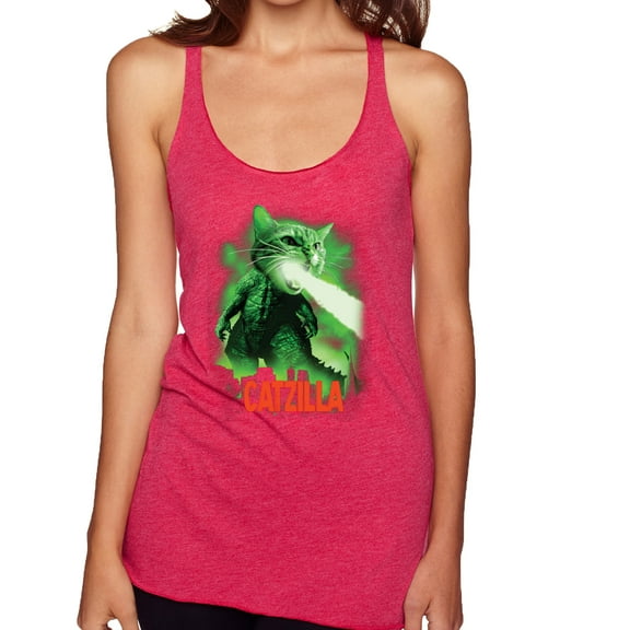 Catzilla Parody Taking Over City | Womens Cat Lover Premium Tri-Blend Racerback Tank Top, Shocking Pink, Large