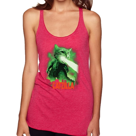 Catzilla Parody Taking Over City | Womens Cat Lover Premium Tri-Blend Racerback Tank Top, Shocking Pink, Small