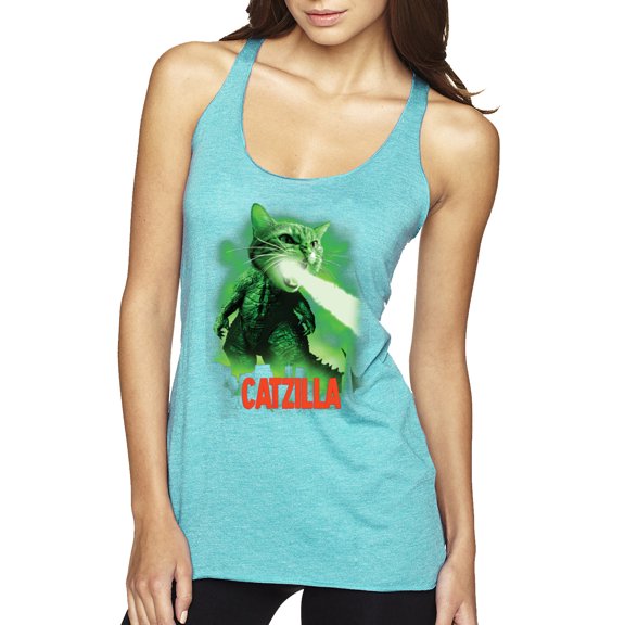 Catzilla Parody Taking Over City | Womens Cat Lover Premium Tri-Blend Racerback Tank Top, Tahiti Blue, Large