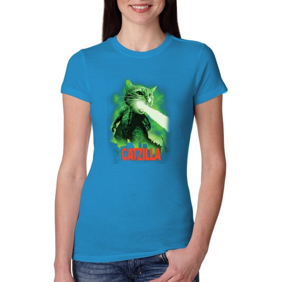 Catzilla Parody Taking Over City | Womens Cat Lover Slim Fit Junior Tee, Turquoise, X-Large
