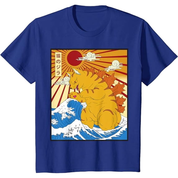 Catzilla Vintage Funny Cute Cat Art Japanese Sunset Youth T-Shirt For Boys Girls Kids Toddler Cats Lover, Royal Blue Color, Size XL