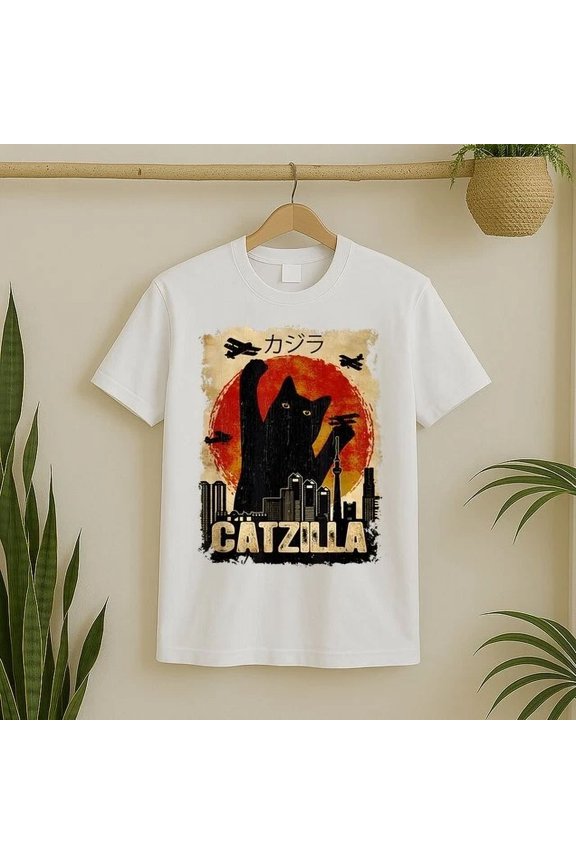Catzilla Vintage Tee Funny Kitten And Cat Art Japanese Sunset T-Shirt
