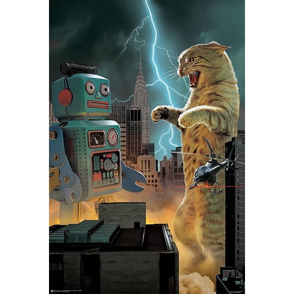 Catzilla Vs Robot in New York City Laminated Poster 24.5x36.5