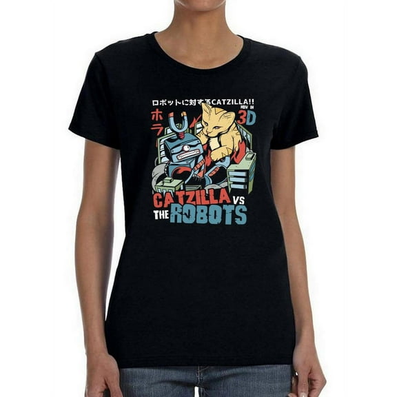 Catzilla Vs The Robots Shaped T-Shirt Women -Smartprints Designs, Female Large
