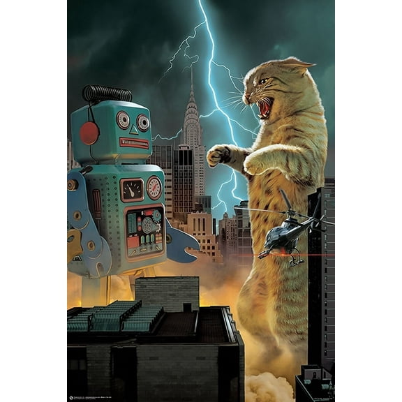 Catzilla vs Robot Print Poster (24x36)