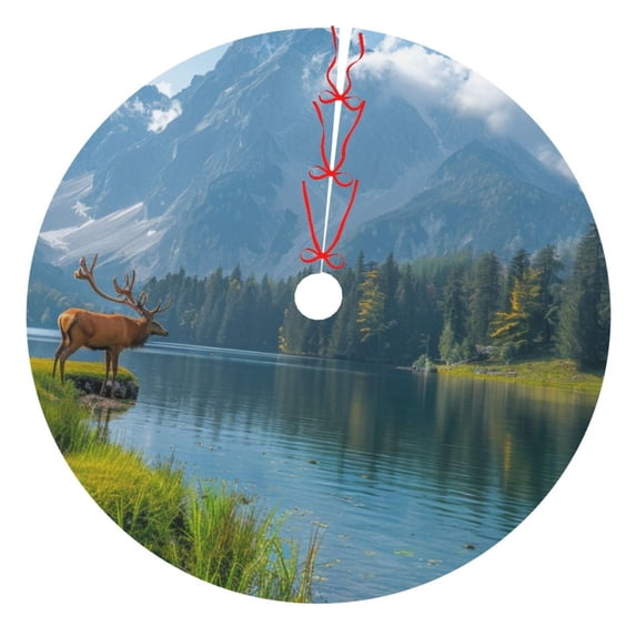 Cauagu 30" Christmas Tree Skirt Majestic Deer Mountain Lake Pattern Christmas Tree Decorations Tree Mat for Xmas Decorations Occasion Holiday Home Decor -30"