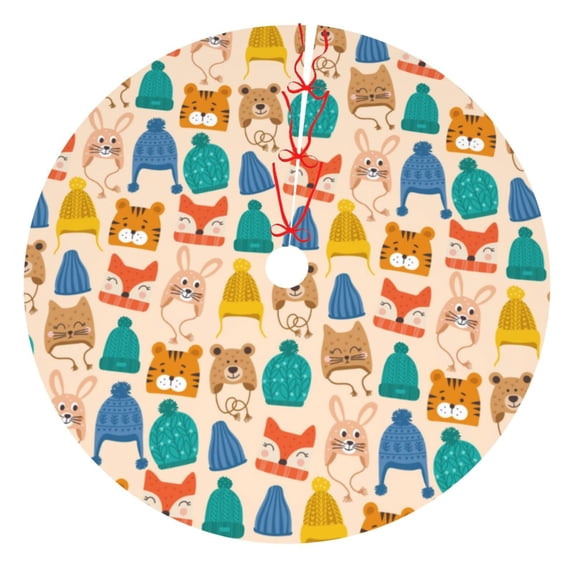 Cauagu 30" Christmas Tree Skirt Small Animals with Knit Hat Pattern Pattern Christmas Tree Decorations Tree Mat for Xmas Decorations Occasion Holiday Home Decor -30"