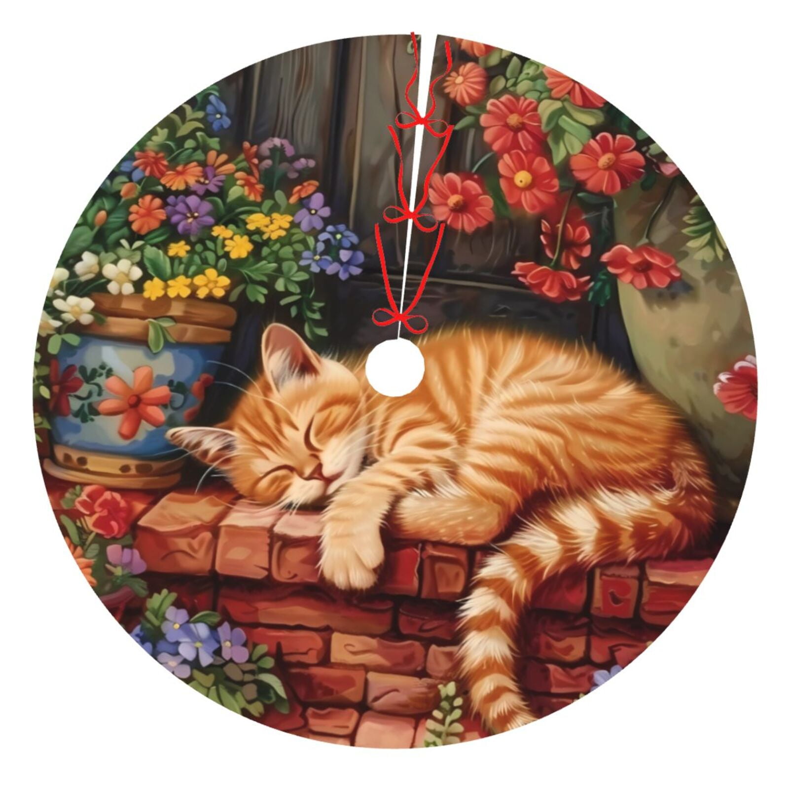 Cauagu 36" Christmas Tree Skirt Sleeping Cat Flowers Pattern Christmas