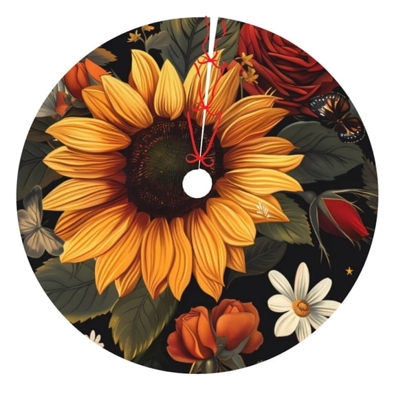 Cauagu 48" Christmas Tree Skirt Sunflower Floral Butterfly Pattern Christmas Tree Decorations Tree Mat for Xmas Decorations Occasion Holiday Home Decor -48"