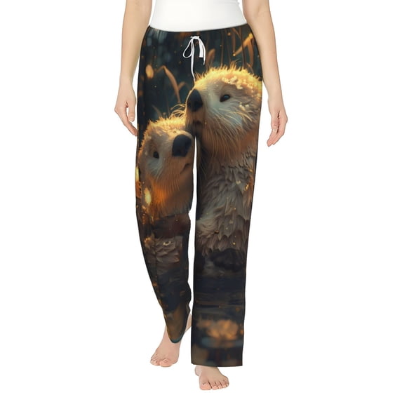 Cauagu Adorable Otter Pair Hug Pajama Pants for Women Loose Fit Wide Leg Trouser Pants Casual Elastic Waist Drawstring Lounge Pants