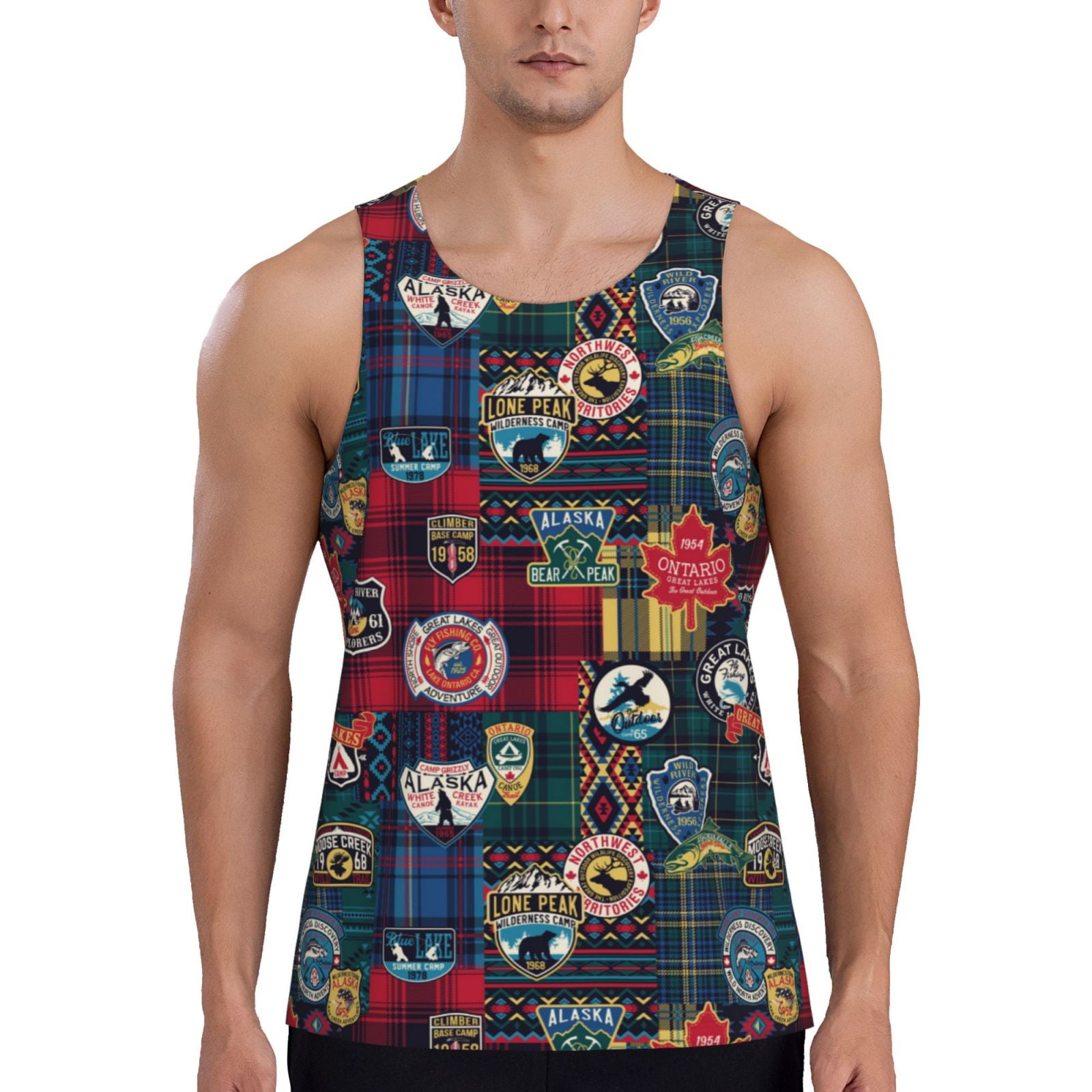 Cauagu Adventure Camping Badge Print Men's Sleeveless Muscle Shirts
