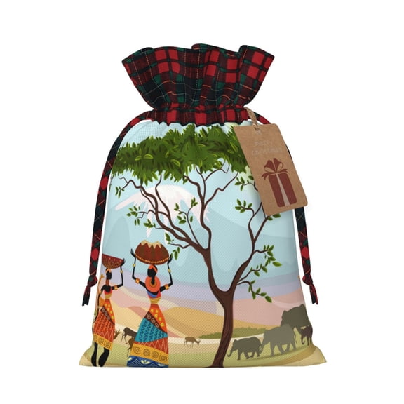 Cauagu African Women Print Christmas Linen Gift Bag,Christmas Goody Gift Bags with Plaid Drawstrings Xmas Presents Bags Holiday with Gift Tag Cards-Black
