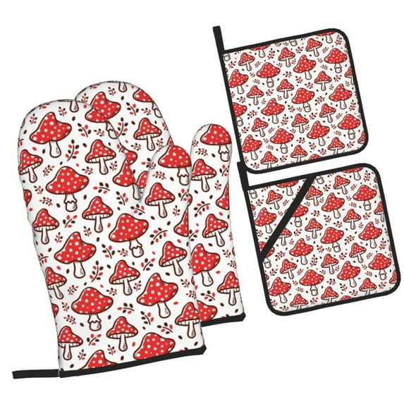 Cauagu Amanita Red Mushroom Print Oven Mitts and Pot Holders 4 pcs Set,Extra Thicken Long Kitchen Oven Glove Potholders BBQ Gloves-Oven Mitts and Pot Holders(11 Inch)