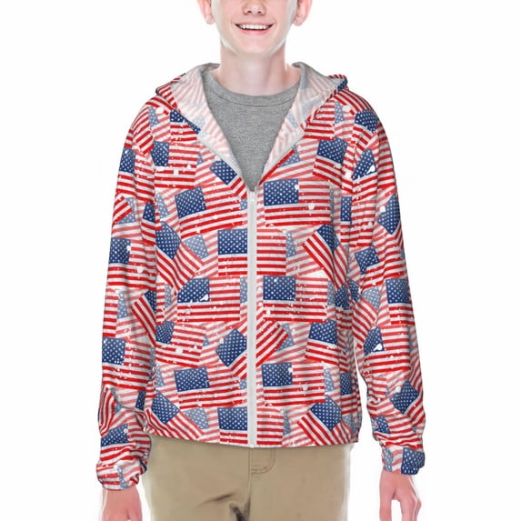 Cauagu America Flags Print Sun Protection Jacket for Teen,Full-Zipper Long Sleeve Sun Shirts with Pockets UV Hoodie Shirts Outdoor Athletic Jacket-Medium
