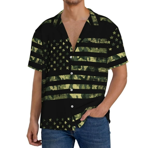 Cauagu American Flag Camo Men's Short Sleeve Button Down Hawaiian Shirt for Men Bowling Shirts Casual Summer Beach Shirt,Small