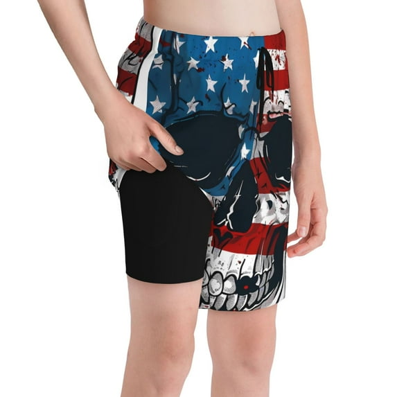 Cauagu American Flag Skull Print Swim Trunks for Men,Youth Boys Swim Shorts Compression Liner Beach Shorts Boys' Swimming Shorts 7-20 Years Bathing Suit-Small