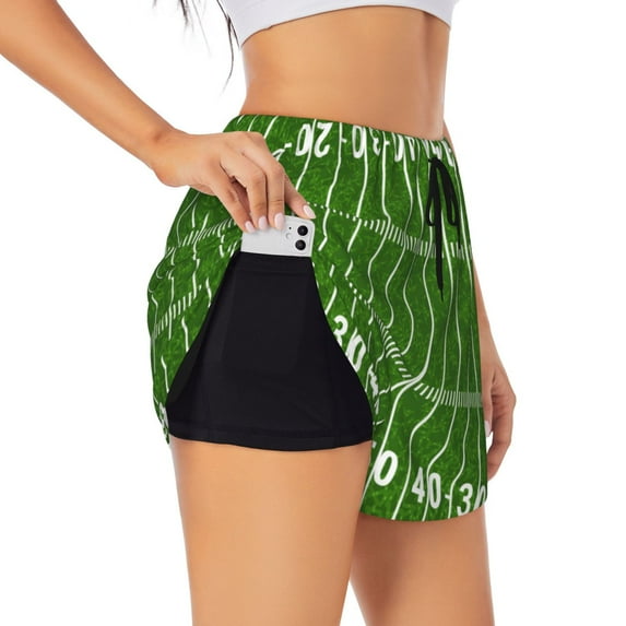 Cauagu American Football Field2 Print Women's 2 in 1 Running Shorts Athletic Workout Gym Yoga Shorts Running Shorts for Women-Large