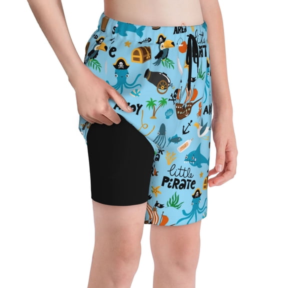Cauagu Animal Pirate Print Swim Trunks for Men,Youth Boys Swim Shorts Compression Liner Beach Shorts Boys' Swimming Shorts 7-20 Years Bathing Suit-Large