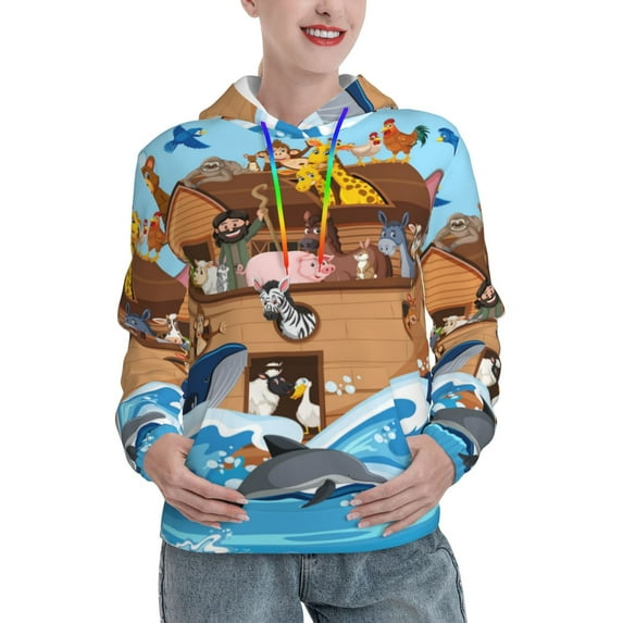 Cauagu Animals on Noah's Ark Floating for Women's Hooded Sweatshirts Pullover Hoodie for Women Fall Workout Sweat Long Sleeve Preppy Sweatshirts-Large