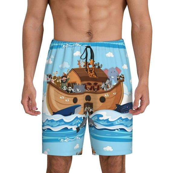 Cauagu Animals on Noah's Ark Print Pajama Bottoms for Men Sleep Pajama Shorts Elastic Waistband Sleep Pajama Short Men's PJ Shorts -X-Large