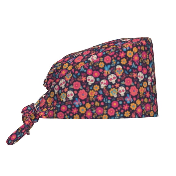 Cauagu Apricot color Skull flower Pattern 1 Pcs Working Caps,Adjustable Working Hats Elastic Scrub Hats Nurse Scrub Cap Nurse Hats Elastic Tie Back Hats Unisex,One Size
