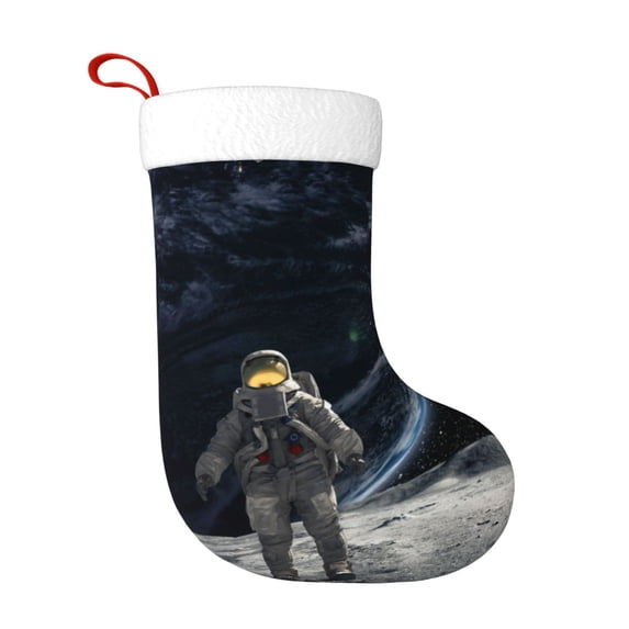 Cauagu Astronaut Standing In The Moon for Christmas Stockings,1-Pack Large Xmas Stocking Holiday and Farmhouse Stocking Fit for Christmas Holiday Party Decoration(17.7*11 Inch)