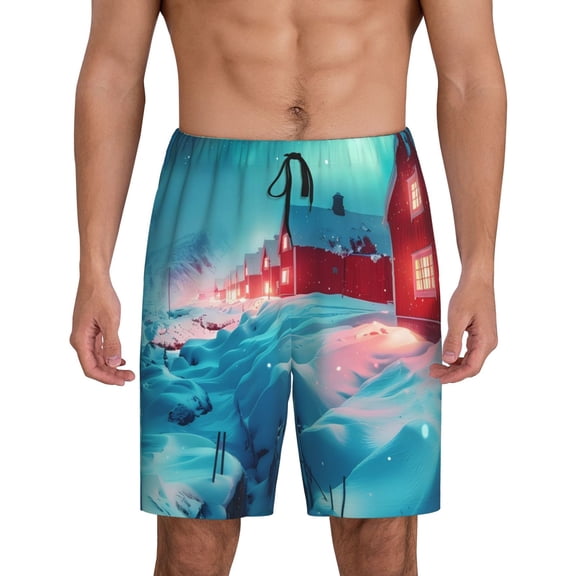 Cauagu Aurora Borealis Village Print Pajama Bottoms for Men Sleep Pajama Shorts Elastic Waistband Sleep Pajama Short Men's PJ Shorts -Medium