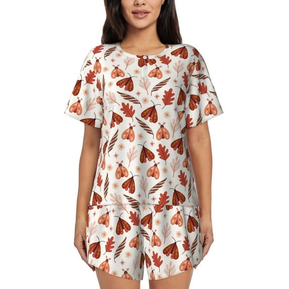 Cauagu Autumn Brown Butterfly for Women's Round Neck Pajama Set,Short-Sleeved Pajamas Soft Sleepwear Set Summer Pajamas Set Lounge Sets 2-Piece Pj-3X-Large