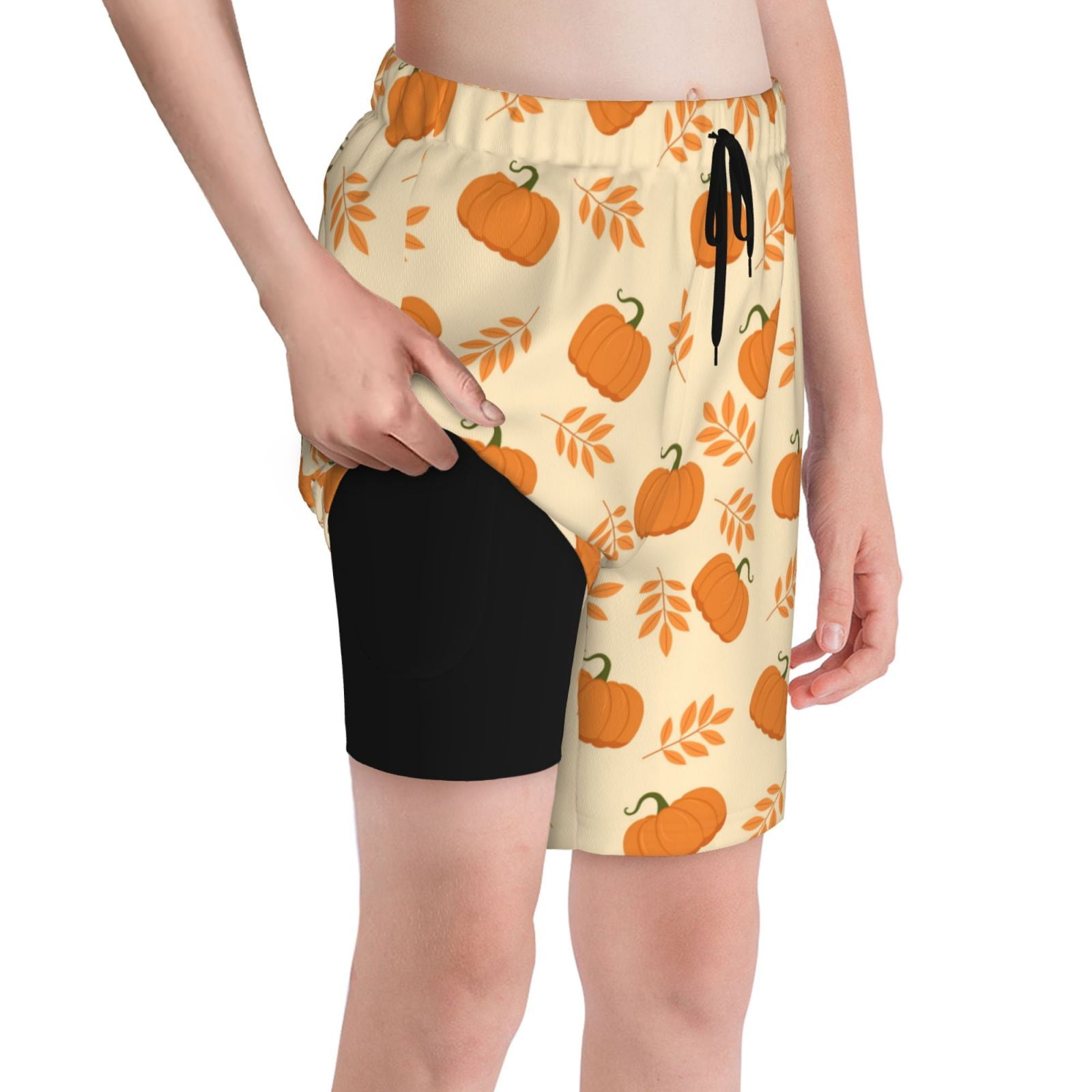 Cauagu Autumn Leaves And Pumpkins Print Swim Trunks For Men Youth Boys