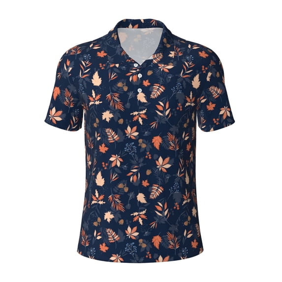Cauagu Autumn Leaves With Blue Print Men's Polo Shirts, Short-Sleeve Polo Shirts for Men Performance Golf Shirt Athletic Casual Collared T-Shirt-Medium