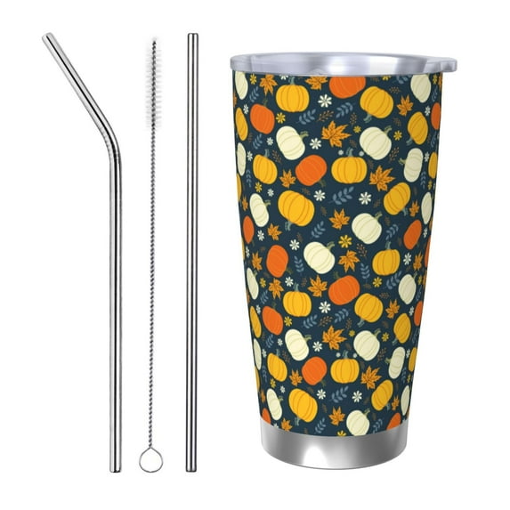 Cauagu Autumn Pumpkin Maple Leaf Plants Pattern 20oz Tumbler,Stainless Steel Vacuum Insulated Tumbler with Lid Insulated Coffee Mug Thermal Cup with Splash Proof Sliding Lid-Straw Three-piece Set