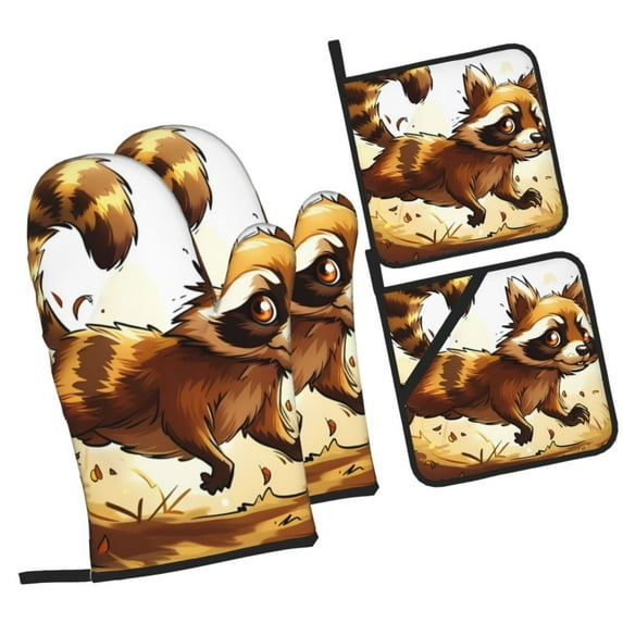 Cauagu Autumn Raccoon In Forest Print Oven Mitts and Pot Holders 4 pcs Set,Extra Thicken Long Kitchen Oven Glove Potholders BBQ Gloves-Oven Mitts and Pot Holders(11 Inch)