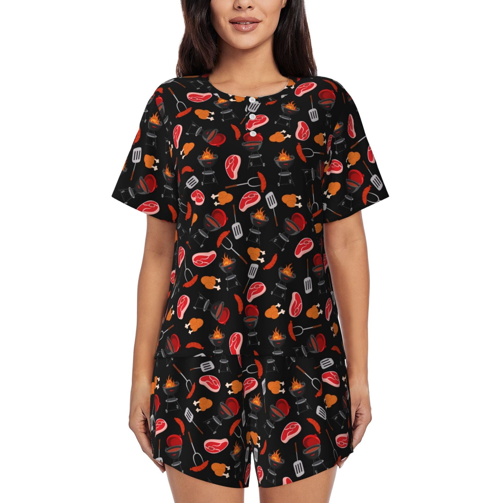 Cauagu BBQ for Women's Round Neck Pajama Set,Short-Sleeved Pajamas Soft ...
