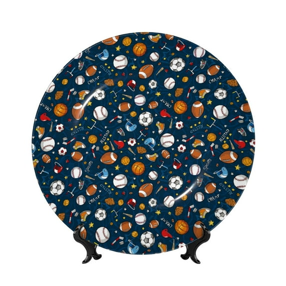 Cauagu Ball Sports Print Bone China Decorative Plate, Wall Mount Plate Holiday Decor Decorative Ceramic Plates with Stand Elegant Household Plates Decorative-10in